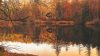 A cabin on a lake during Autumn