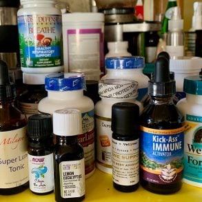 Bottles of preventatives, medicine, antibacterials, vitamins, etc.