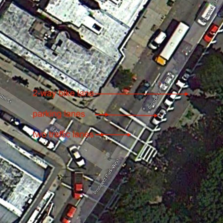 The Prospect Park West Bicycle Lane made the road safer for all users. (source: Google Maps)