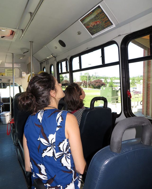 Admiring a poetry broadside on the city bus in Moscow, Idaho. Photo courtesy Elizabeth Bradfield.