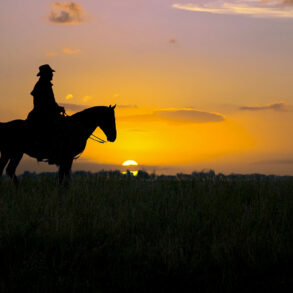 Silhouette of man on horseback at sunset