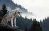 Wolf overlooking forest with mist