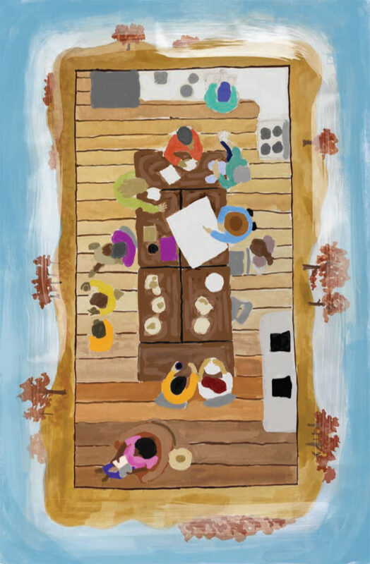 Illustration of humming lunch table