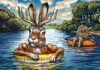Postcard by Chet Phillips of jackalope and horned toad on floats in river