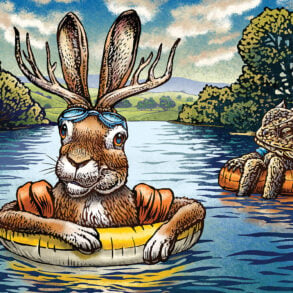 Postcard by Chet Phillips of jackalope and horned toad on floats in river