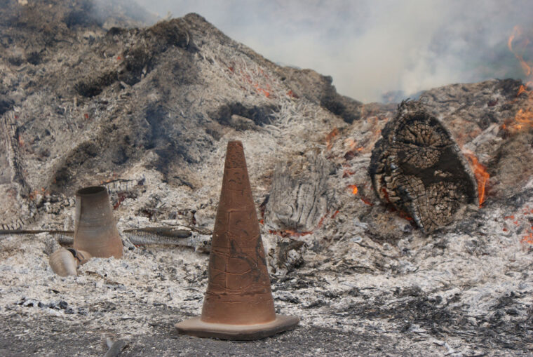 Burned cone among ash