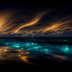 Bioluminescence on ocean with dramatic sky