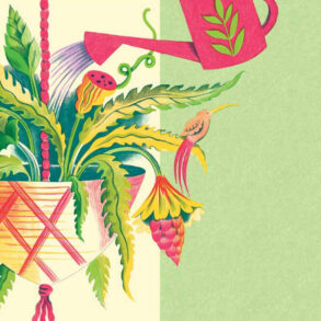 Watering hanging plant, illustration by Melissa Castrillón, from Leaning Toward Light