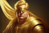 Overweight gold man, blindfolded