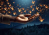 AI-generated image of hand with fireflies at night