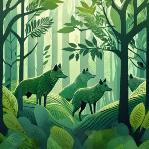 AI-generated illustration of wolves in green forest