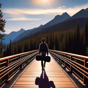Boy with a guitar case crossing a bridge in the mountains of Montana