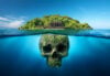 AI-generated image of island with ruins above water and skull below