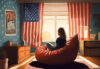AI-generated image of girl in beanbag chair in 1970s bedroom