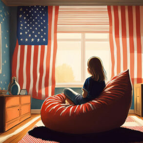 AI-generated image of girl in beanbag chair in 1970s bedroom