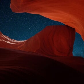 Looking up through Antelope Canyon to the starry night sky