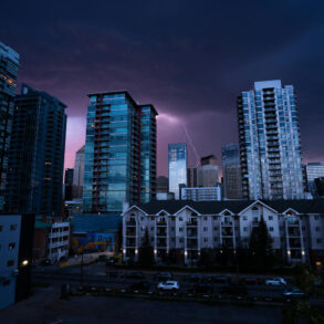 Calgary at night with lightning strike and storm