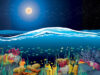 Illustration of full moon above sea with coral reef