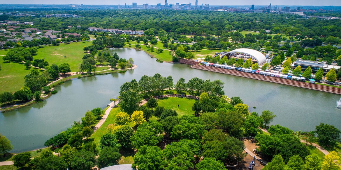 Aerial view of Mueller Pond and Mueller's greenspace