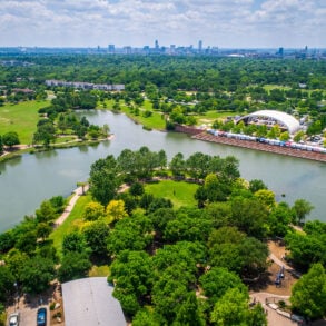 Aerial view of Mueller Pond and Mueller's greenspace