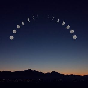 Moon phases at dusk over silhouette of mountains